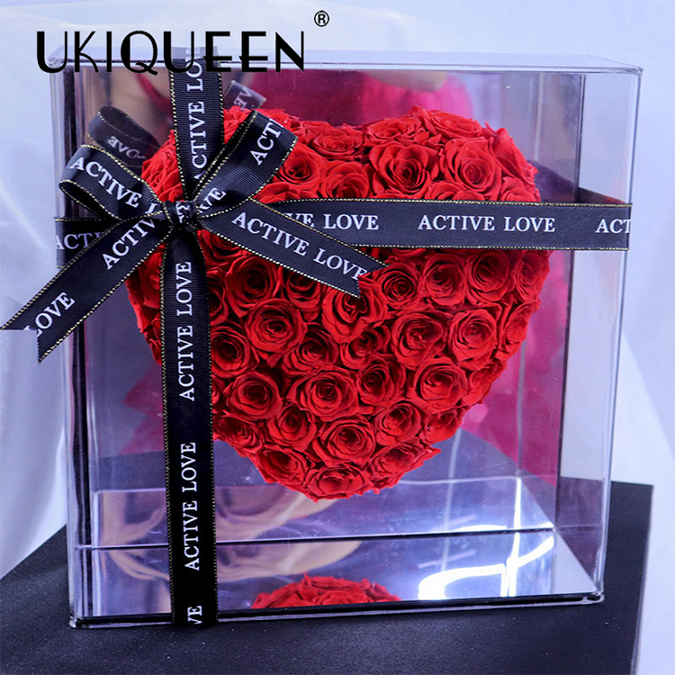 UKIQUEEN 2021 New Luxurious Heart Immortal Rose Mirror Acrylic Gift Flower Box Permanent Preservative Eternal Rose